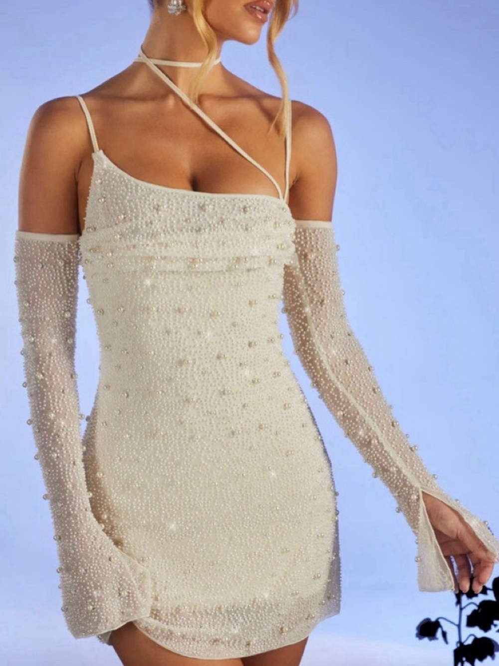 Oh Polly White Pearl Beaded Mesh Off Shoulder Long Sleeve Mini Bodycon Dress 4